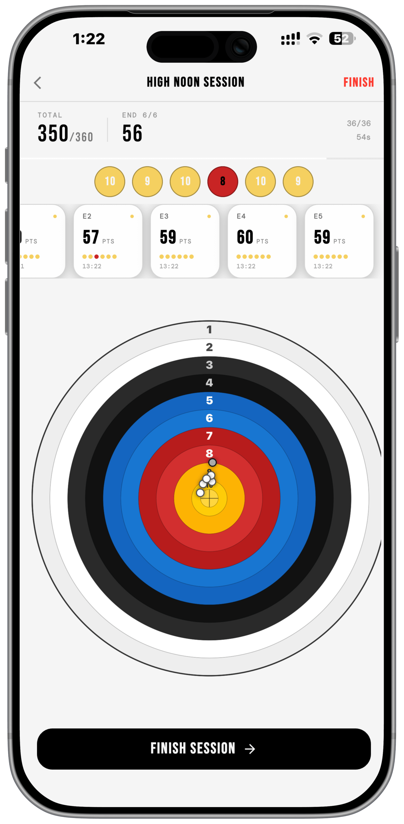 Every arrow, scored. Tap where each arrow landed on the target face and Aimring scores it instantly, keeps the running total, and breaks the round down end by end. Count raw volume or plot every arrow when the score is not the point.